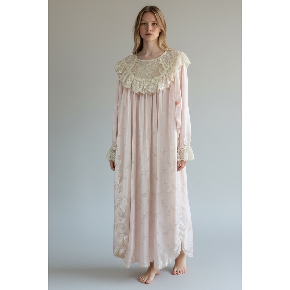 Laura Adams Pink Satin Floral Jacquard Lace Ruffle Nightgown Maxi Dress Large